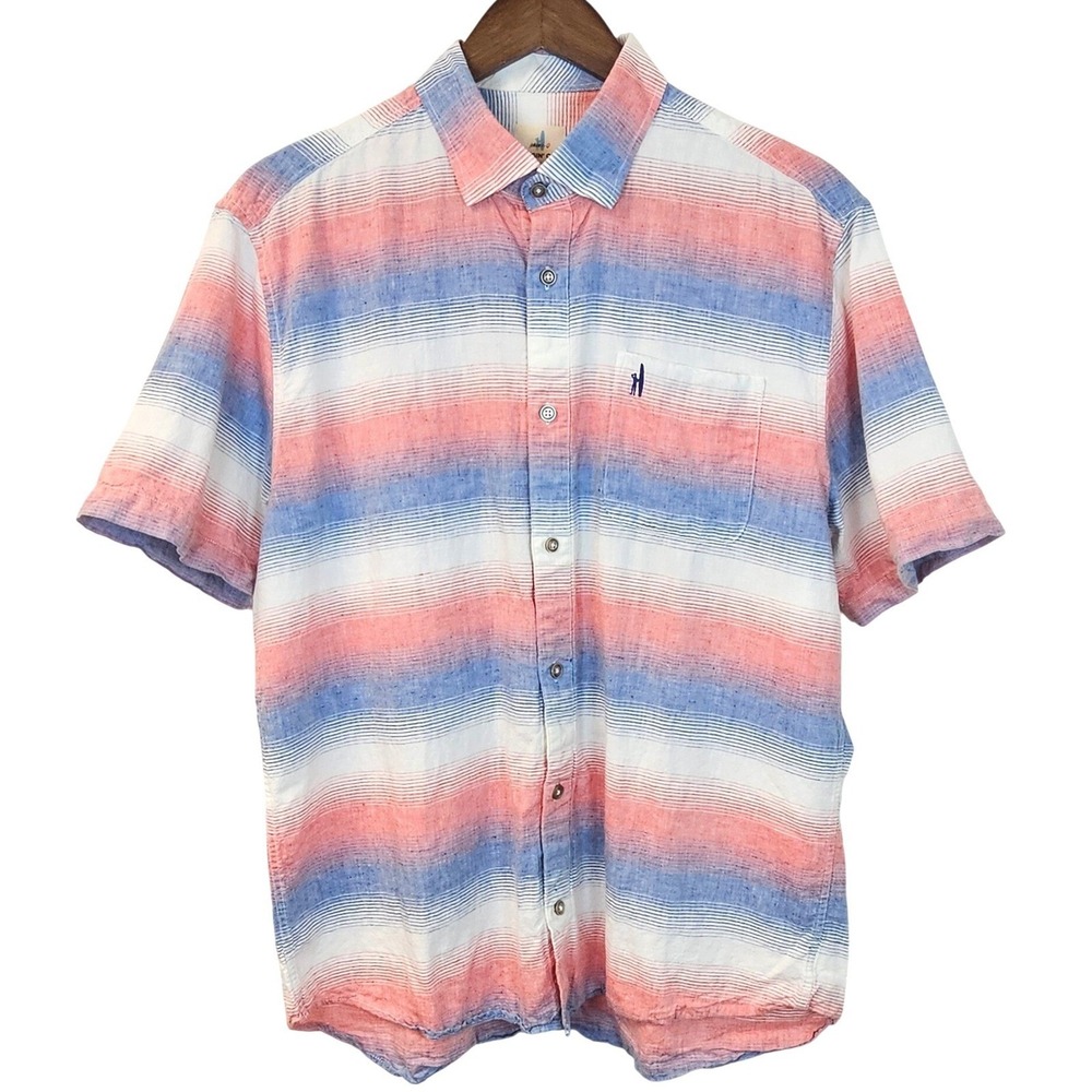 Johnnie-O Hangin Out Mens Large Red White Blue Striped Cotton Linen Shirt